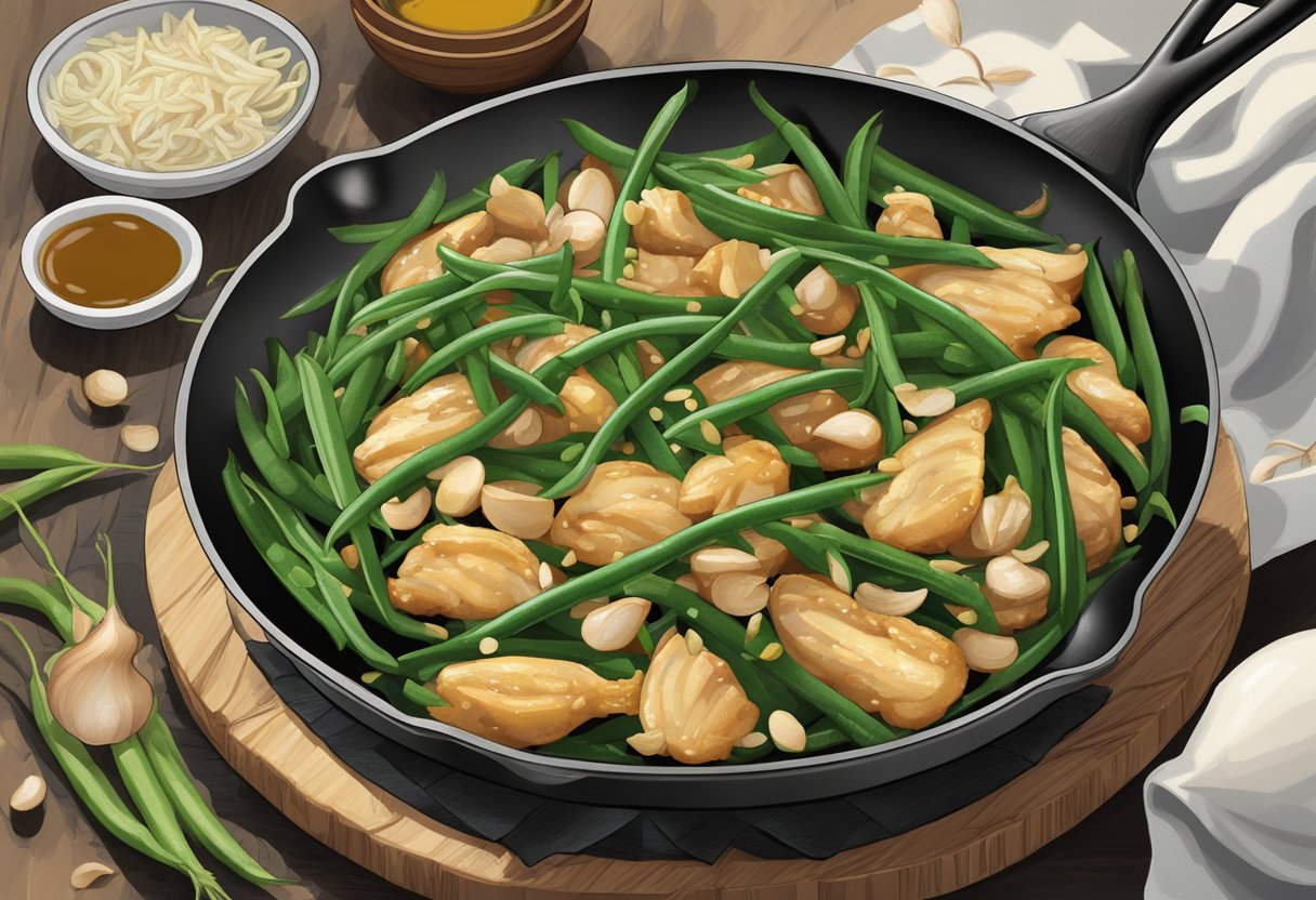 A skillet sizzling with string beans and chicken, surrounded by fresh garlic, ginger, and soy sauce