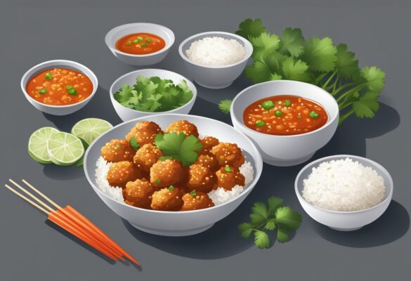 A platter of firecracker ground chicken meatballs with spicy sauce, garnished with fresh cilantro and sesame seeds, served alongside a bowl of steamed rice