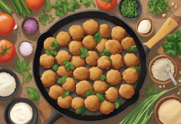Ground chicken meatballs sizzling in a skillet, surrounded by various ingredients like breadcrumbs, herbs, and spices. A recipe card with "Frequently Asked Questions firecracker ground chicken meatballs" is placed next to the skillet