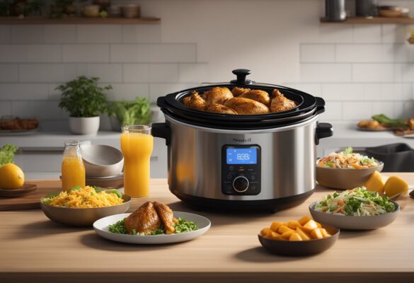 A crockpot with huli huli chicken breast surrounded by side dishes