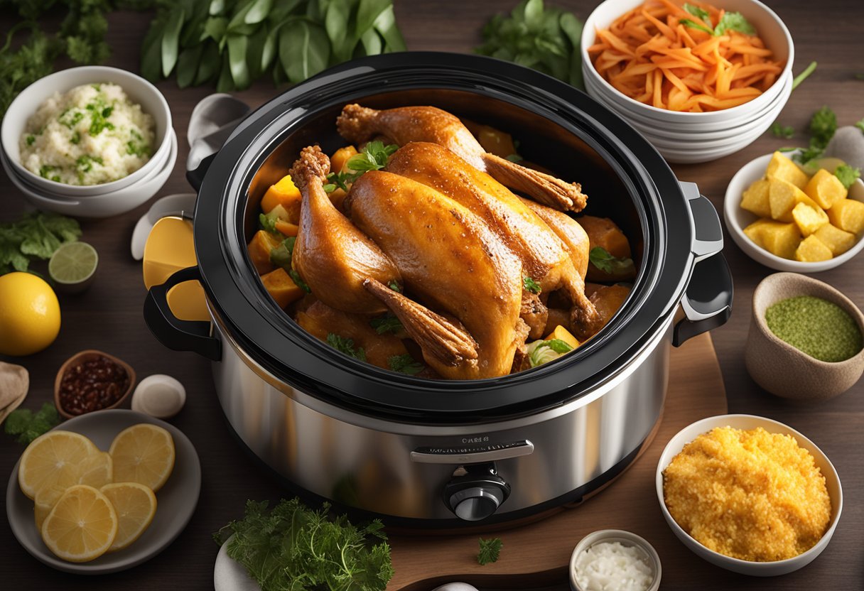 A crockpot filled with baked huli huli chicken breasts surrounded by various side dishes