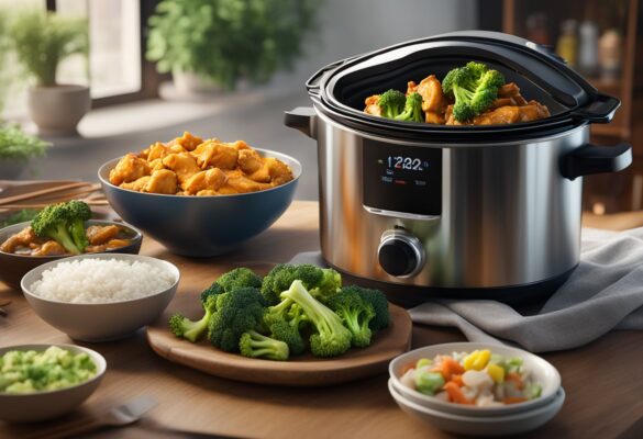 A bubbling crockpot filled with tender chunks of mongolian chicken and broccoli, surrounded by colorful side dishes