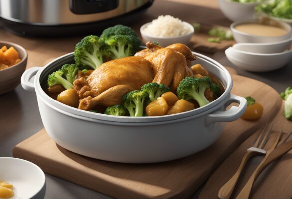 Chicken and broccoli simmer in a crockpot with Mongolian sauce. Side dishes accompany the meal