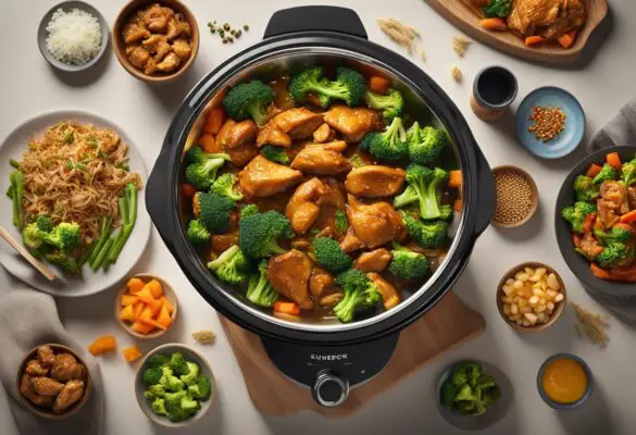 A crockpot filled with sizzling and aromatic Mongolian chicken and broccoli, surrounded by an array of colorful and appetizing side dishes