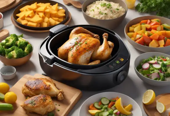 A whole chicken breast sizzling in the air fryer, surrounded by colorful meal prep containers and an array of side dishes