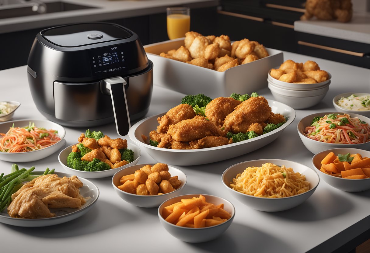 Bang Bang chicken baking in air fryer, surrounded by meal prep containers and various side dishes