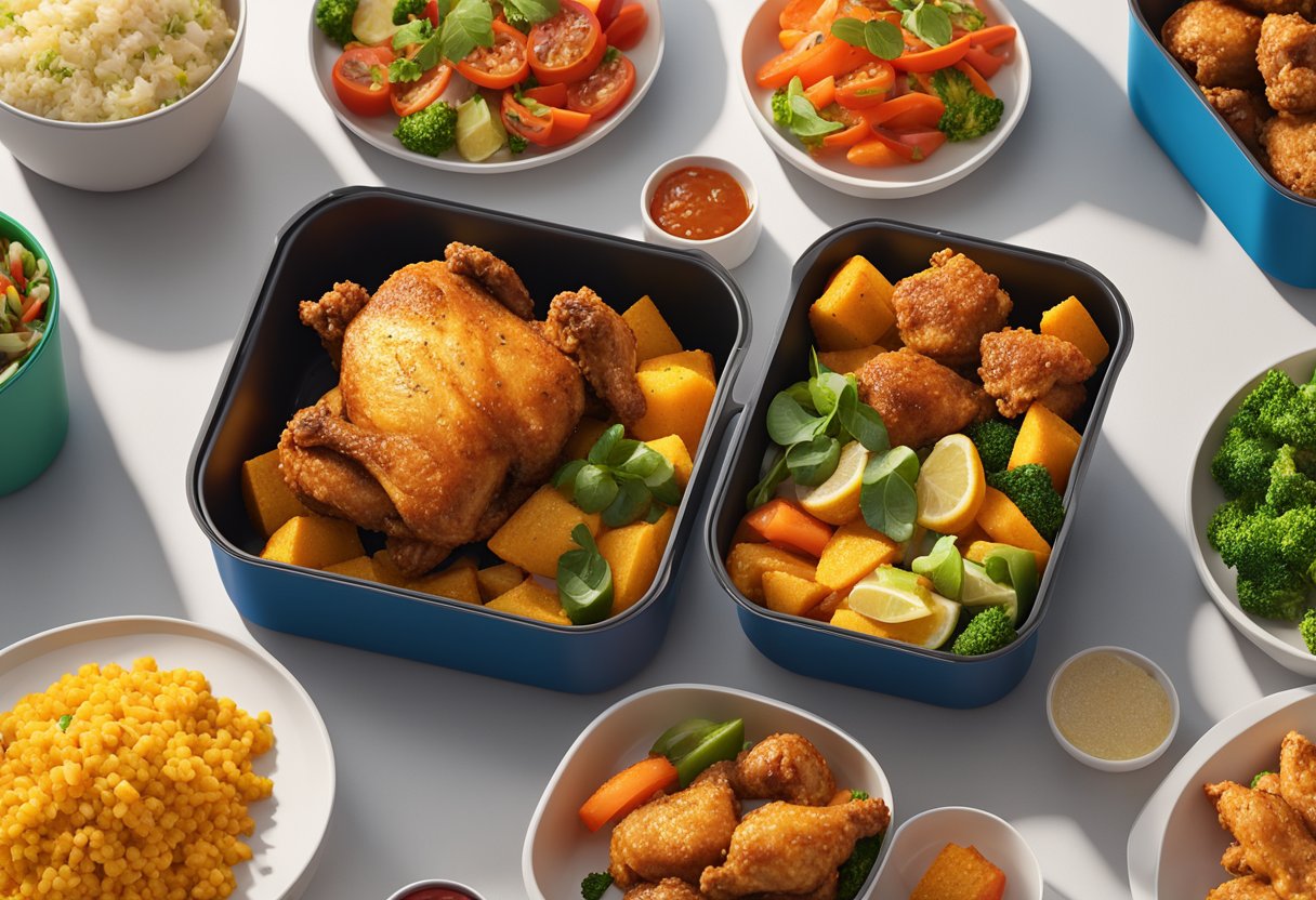 Crispy chicken thighs sizzling in the air fryer, surrounded by colorful meal prep containers and an array of vibrant side dishes