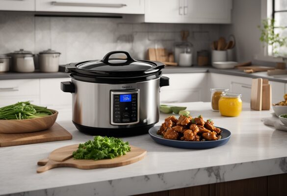 A crockpot sits on a kitchen counter, filled with homemade general tso chicken. Ingredients and spices are neatly arranged nearby for quick and easy meal prep