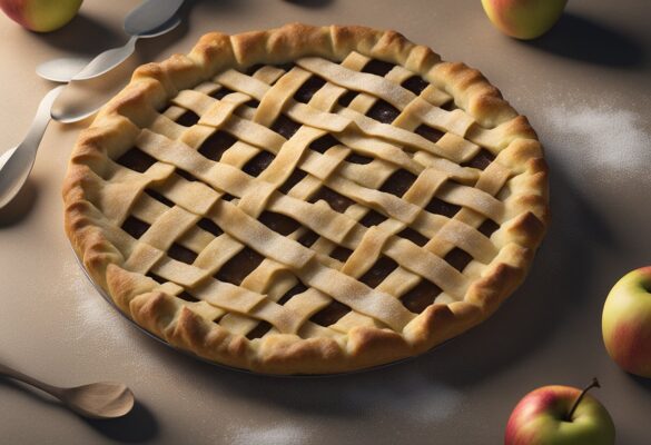 A rustic apple crostata sits on a floured surface, with a lattice crust and golden-brown filling. A sprinkle of sugar glistens on top
