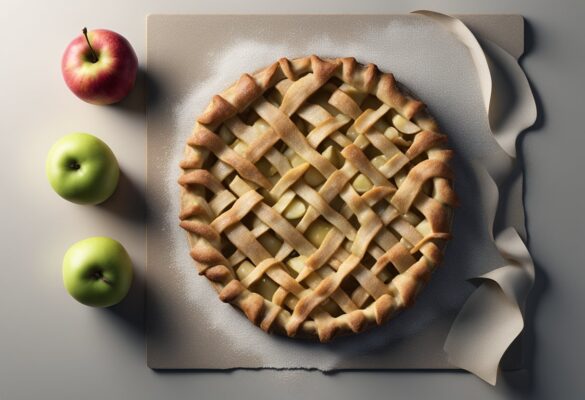 A rustic apple crostata sits on a floured surface, with a lattice crust and sliced apples peeking through. A sprinkle of sugar glistens on top