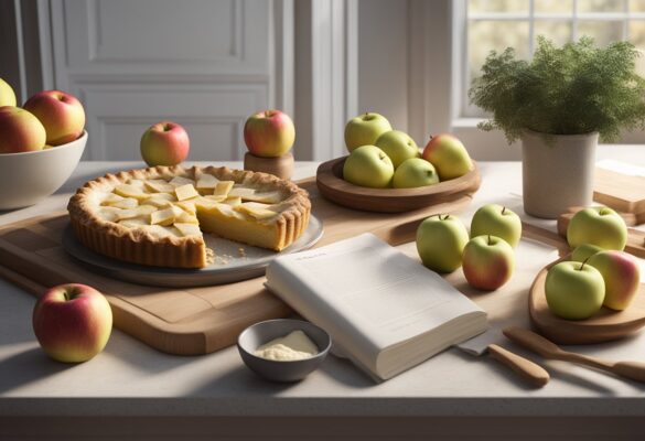 A table with ingredients: apples, flour, sugar, butter. A rolling pin, mixing bowl, and baking dish. A recipe book open to Ina Garten's apple crostata