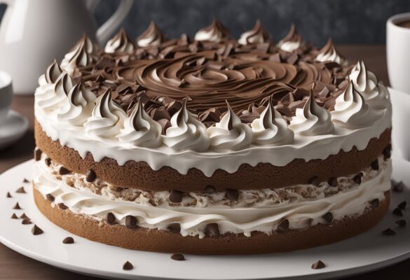 A decadent mocha chocolate icebox cake sits on a white cake stand, topped with swirls of whipped cream and chocolate shavings