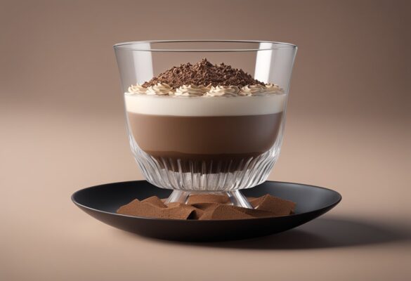 Layers of chocolate wafers and mocha whipped cream filling a glass dish, topped with chocolate shavings and refrigerated