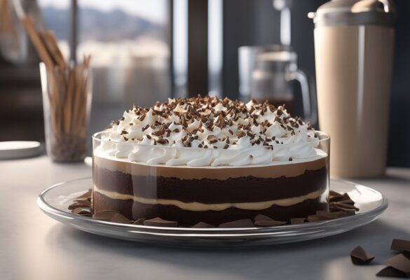 Layers of mocha chocolate cake and whipped cream in a glass dish, topped with chocolate shavings and stored in the refrigerator