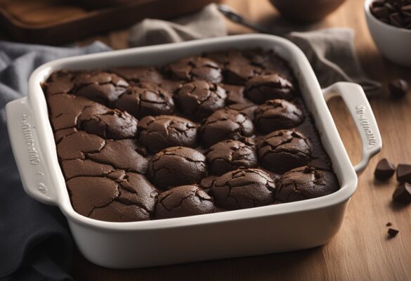 A rich, gooey brownie pudding sits in a ceramic baking dish, with a crackly, chocolatey top and a soft, fudgy center
