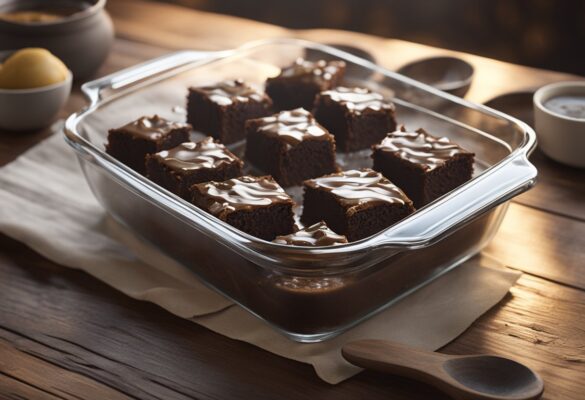 A glass baking dish filled with rich, gooey brownie pudding, topped with a shiny, crackly crust, sits on a rustic wooden table