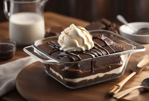 A glass baking dish of warm brownie pudding sits on a wooden table, topped with a scoop of vanilla ice cream and a drizzle of chocolate sauce