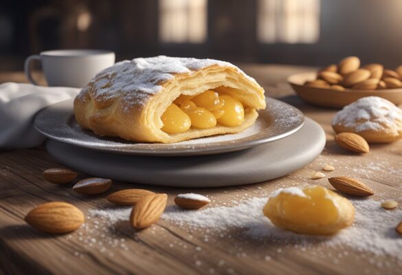 A golden, flaky almond pastry puff sits on a rustic wooden table, sprinkled with powdered sugar and sliced almonds, inviting a bite