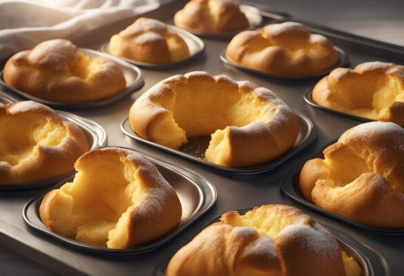 A golden tray of Yorkshire puddings fresh out of the oven, rising tall and fluffy with crispy edges, steam rising from their perfectly cooked centers