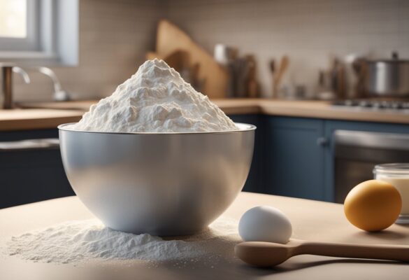 A mixing bowl filled with flour, eggs, and milk sits on a kitchen counter. A whisk is being used to combine the ingredients into a smooth batter