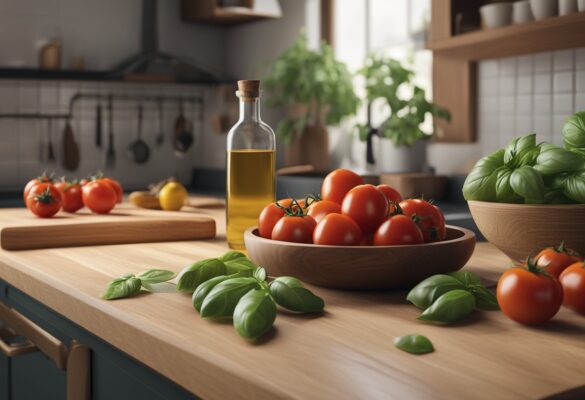 A kitchen counter with a wooden cutting board, a pile of fresh tomatoes, a bunch of basil, a bowl of pasta, and a bottle of olive oil