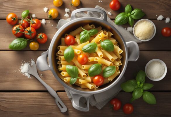 A steaming pot of pasta with vibrant cherry tomatoes, fresh basil, and a sprinkle of parmesan cheese on a rustic wooden table
