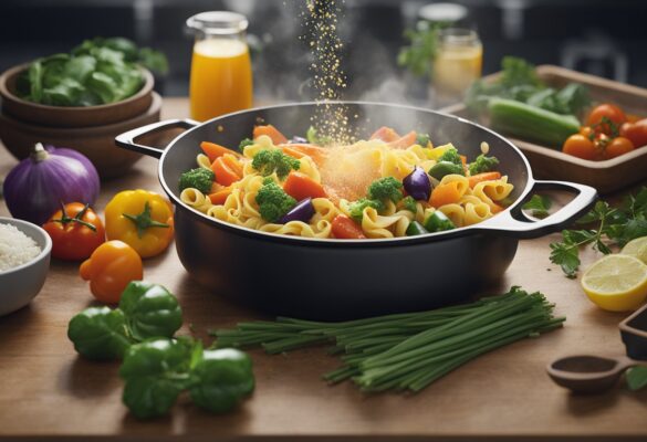 Jamie Oliver's pasta recipe: colorful vegetables sizzling in a pan, steam rising, pasta boiling in a pot, and a variety of herbs and spices being sprinkled over the dish
