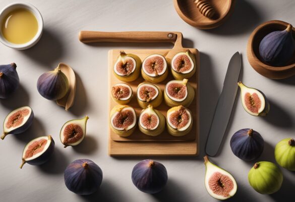 Fresh figs, puff pastry, honey, vanilla, and mascarpone on a wooden cutting board. A rolling pin, knife, and measuring spoons nearby. A recipe book open to Jamie Oliver's 5 Ingredients