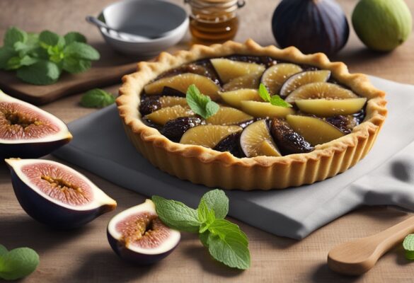 A fig tart sits on a rustic wooden table, surrounded by fresh figs, honey, and a sprig of mint. The tart is golden brown with a flaky crust and a glossy fig filling