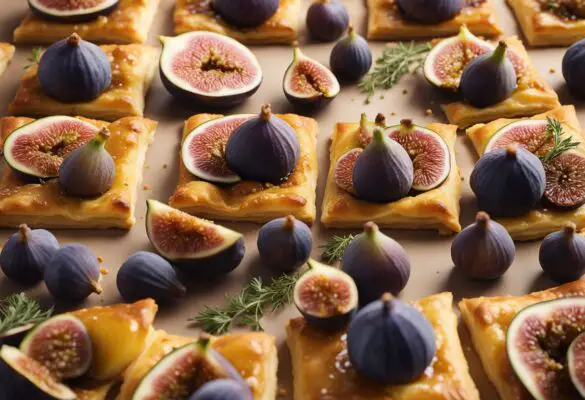 Fresh figs arranged on puff pastry, brushed with honey, and sprinkled with thyme. A golden, flaky crust emerges from the oven