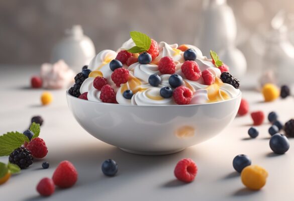 A bowl of mixed berries and meringue, swirled together with a ripple effect. Ingredients labeled "5 ingredients Berry meringue ripple" in the background