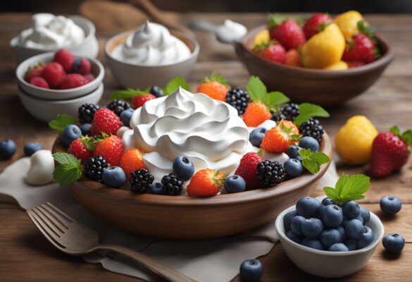 A bowl of fresh berries and meringue, with a ripple of cream, on a rustic wooden table. Ingredients are laid out neatly beside a recipe book