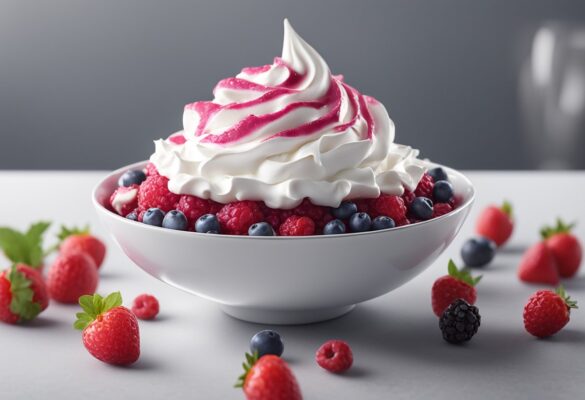 A bowl of whipped meringue swirled with vibrant berry compote, sprinkled with crushed meringue pieces