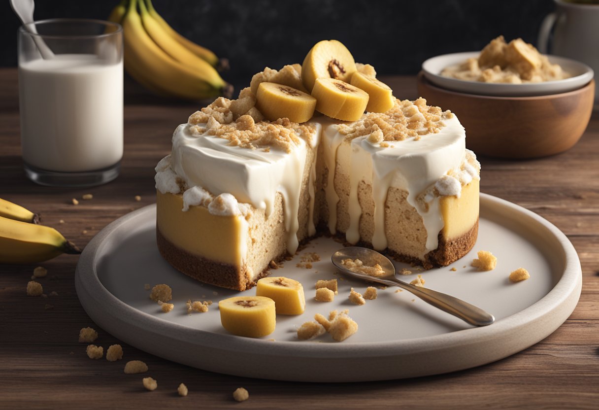 A frozen banoffee cheesecake sits on a rustic wooden table, topped with caramelized bananas and a crumbly biscuit base. A spoonful of creamy filling is being scooped out, ready to be served