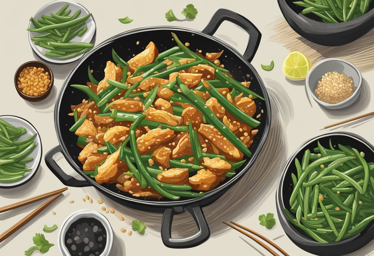 A wok sizzles with stir-fried string beans and chicken, tossed in a savory sauce, garnished with sesame seeds and green onions